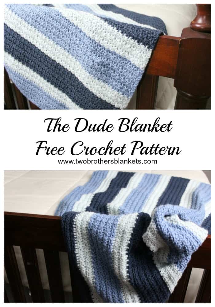 Two photos of a crochet blanket draped over a bed. This blanket is called the Dude Blanket. 