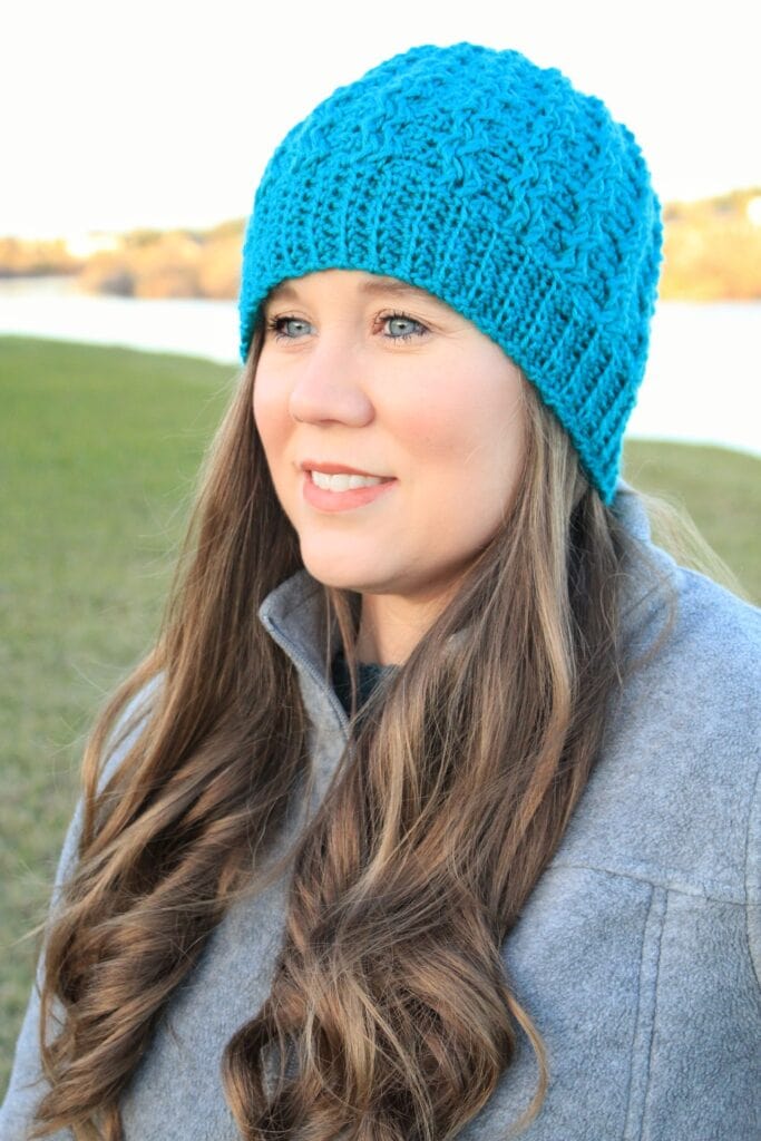 The Jenny Cabled Crochet Beanie modeled