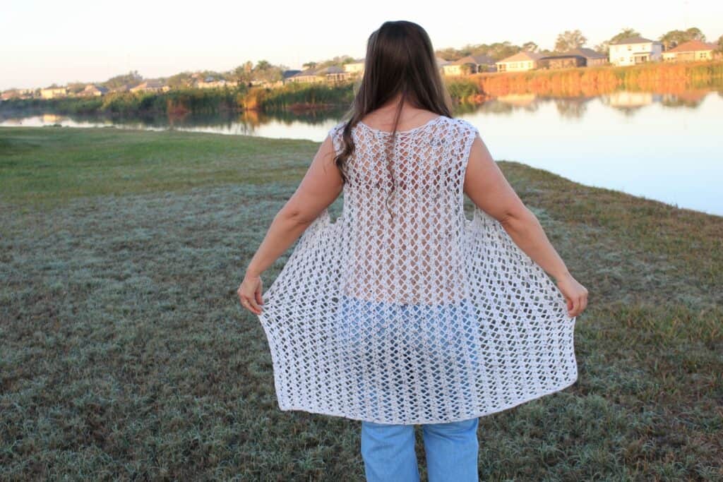 A view of the back of the crochet vest, called the Summer Stroll Vest.