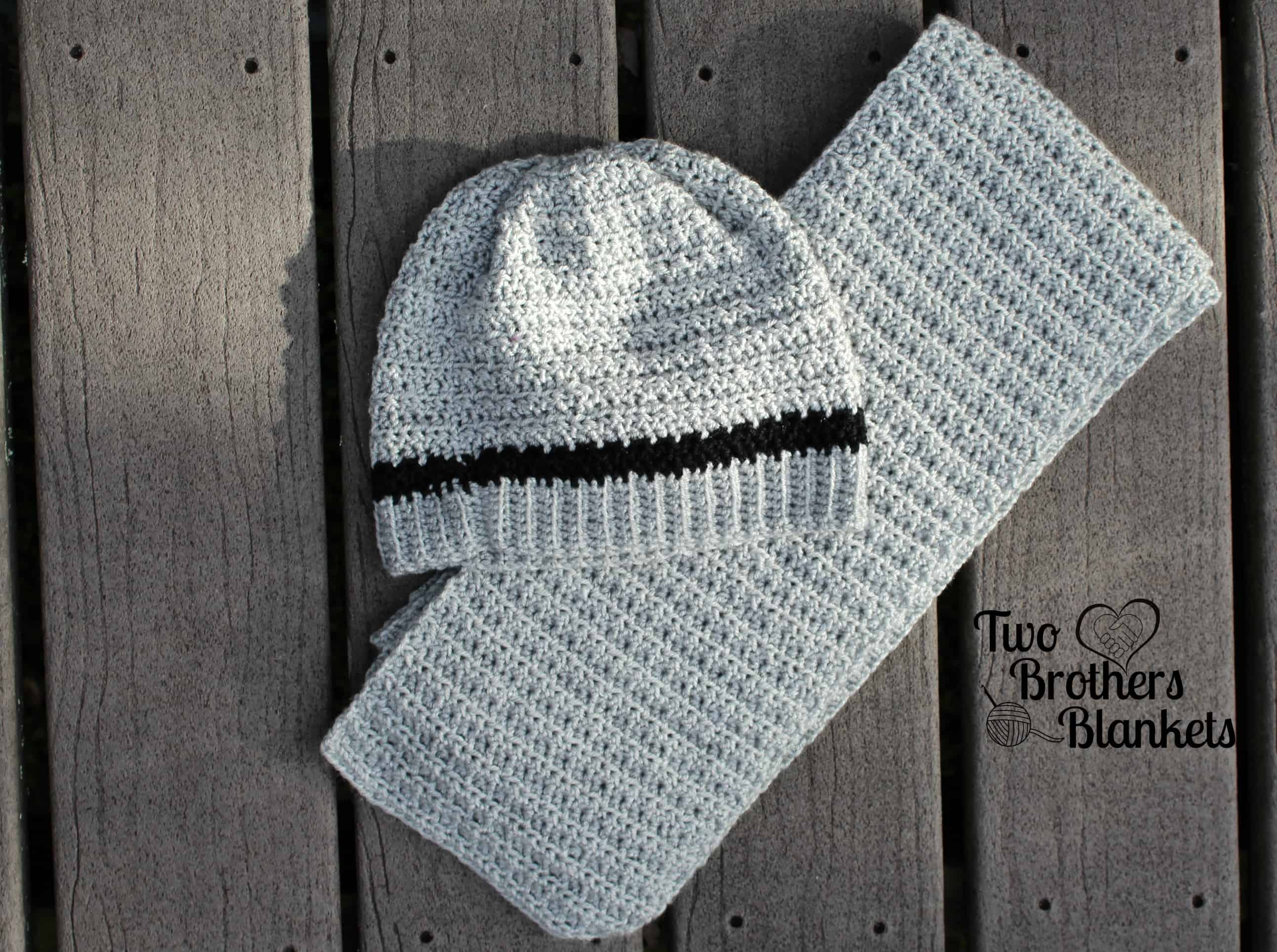 A gray and blue scarf and hat set knitcrochet