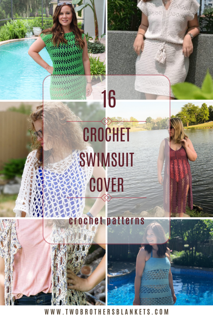 A collage of photos of 4 of the crochet swimsuit cover patterns in the roundup of 16 pattern.