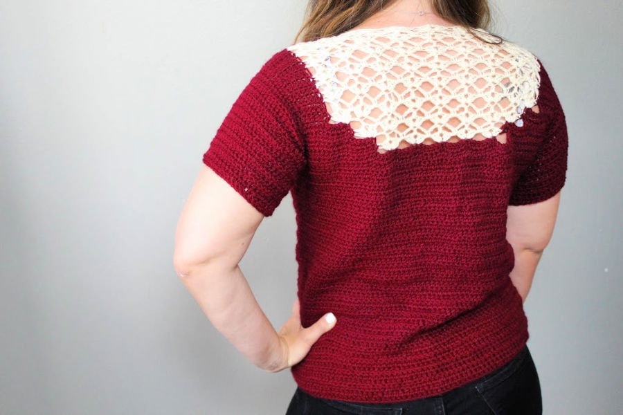 Back side of crochet top called Tea Time Tee. 