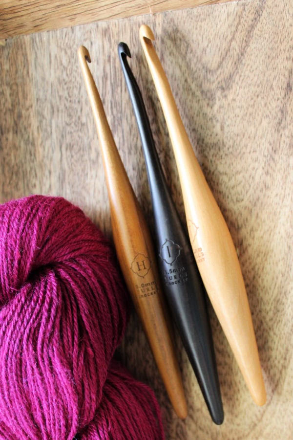 Furls Streamline Crochet Hooks in Teak, Ebony, and Camwood. 