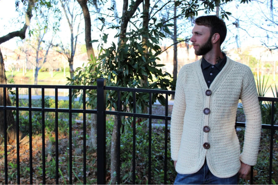 Men's Crochet Cardigan in a cream color, called the Dude Cardigan. 