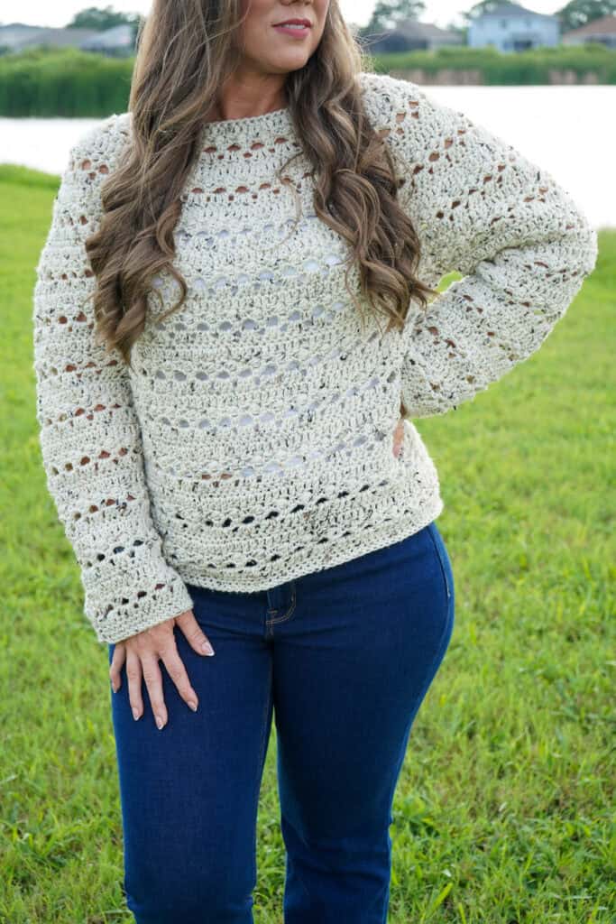 Close up of the women's crochet sweater called the Brimstone Sweater.