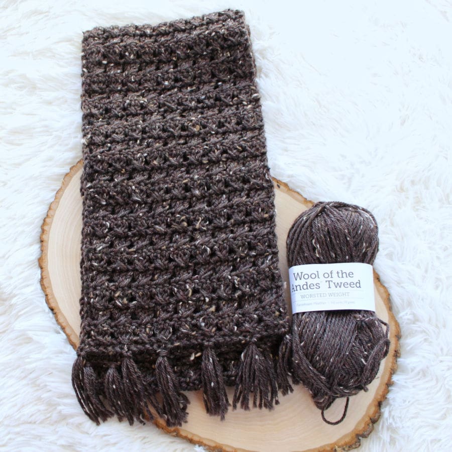 Flat lay of a brown crochet scarf with fringe and the yarn used to make it. 