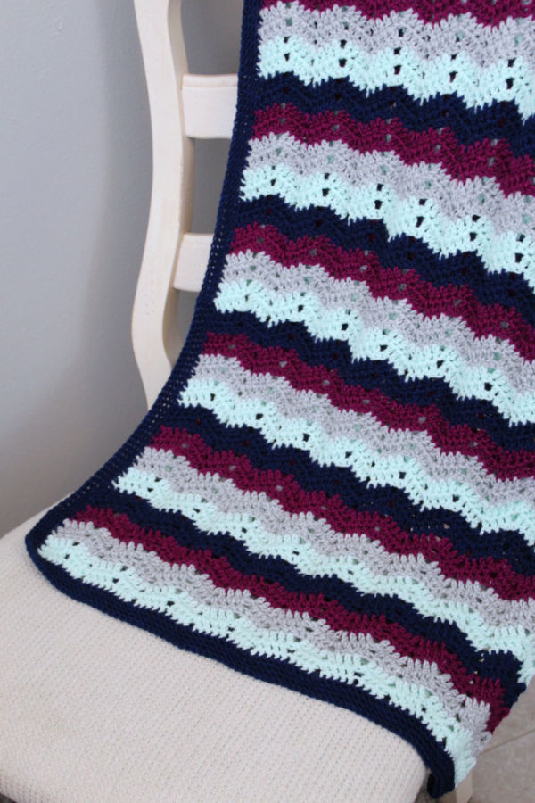 Close up of a multi-colored crochet blanket, called the Chevy Blanket.