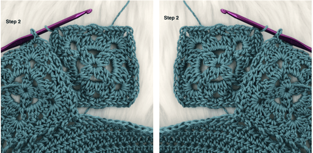 Join As You Go crochet tutorial steps 1 and 2.