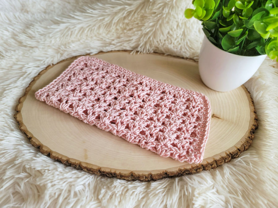 Pink crochet washcloth, called the Katie Washcloth. 