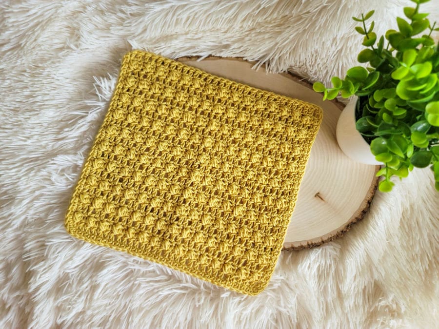 Yellow crochet dishcloth, called the Tuscan Sun dishcloth. 