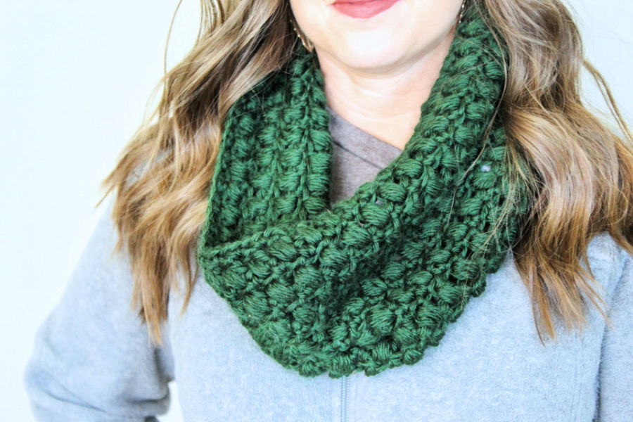 Close up image of the crochet cowl, called the Winter Blooms Cowl.