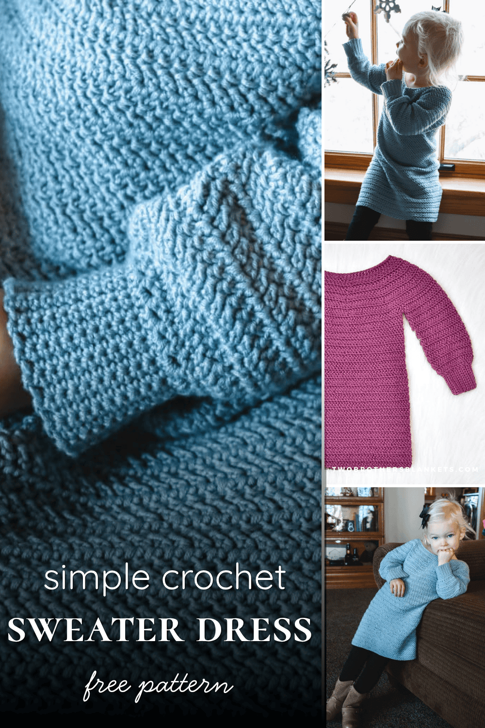 Child wearing cozy blue crochet sweater dress by window.