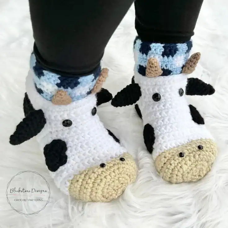 Image for Crochet Slippers Pattern for Cow Slippers ADULT Size PDF - Etsy