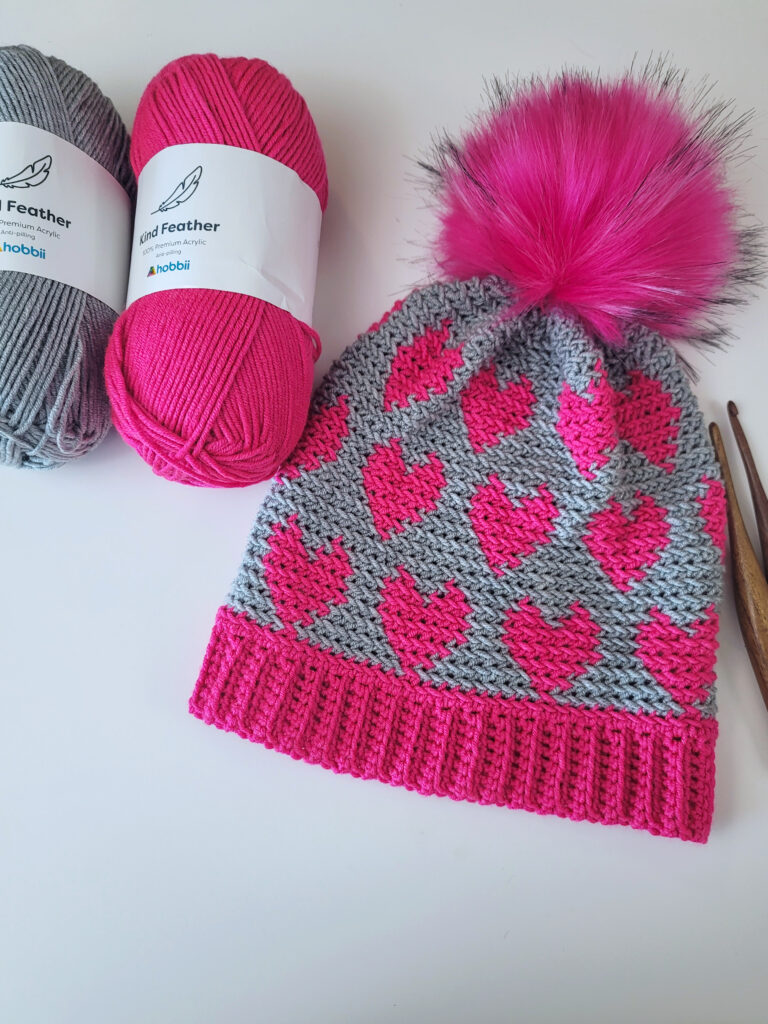 Crochet Heart Beanie made with Hobbii Kind Feather yarn. 