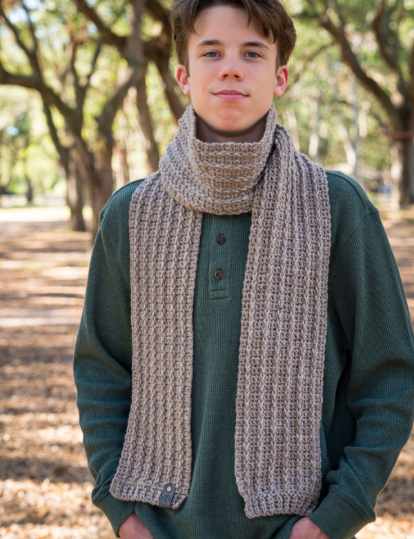 Men's Crochet Scarf- Tarragon Scarf- worn around the neck of a young man. 