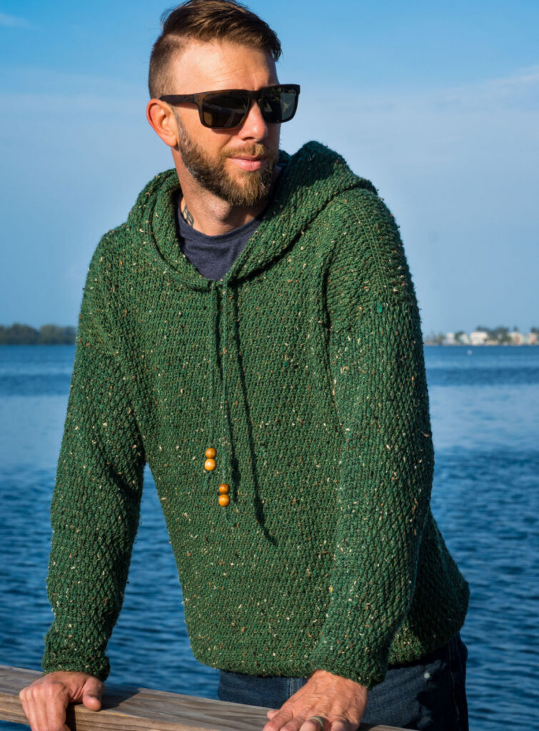 Green Crochet Hoodie, called the Dutton Hoodie.
