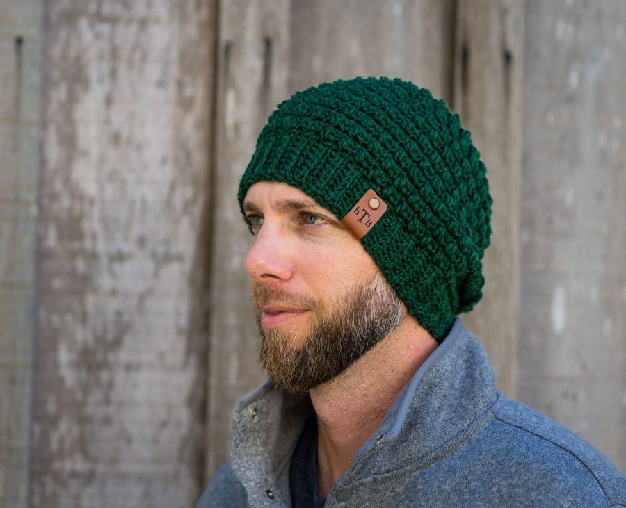 Crochet Beanie in green color, called the Slater Beanie.