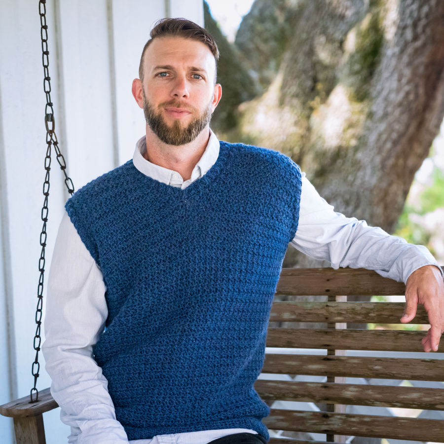 Men's Crochet Sweater Vest, called the Sylas Sweater Vest.