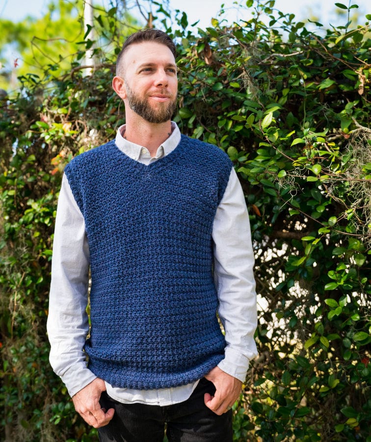 Men's Crochet Sweater Vest, called the Sylas Sweater Vest