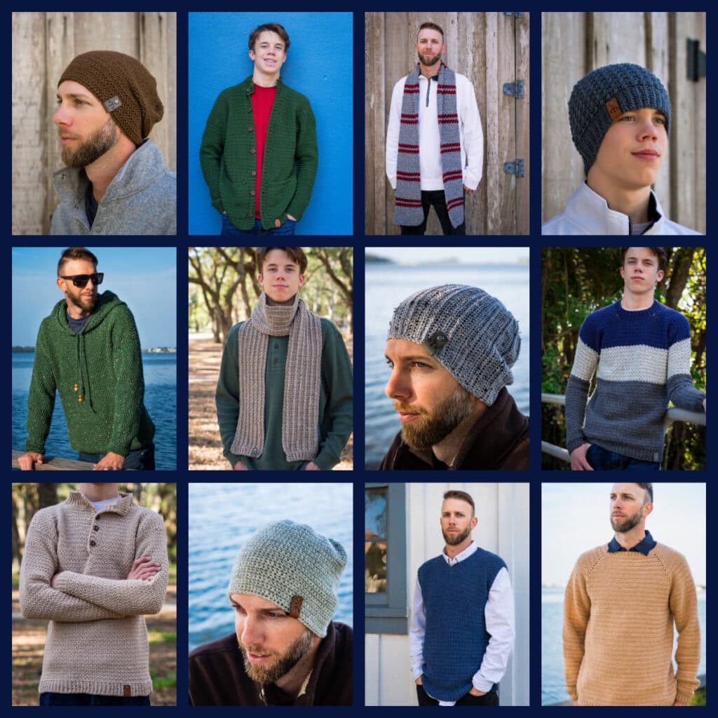 Image of all 12 designs from the crochet pattern book "Crochet Makes for Men"