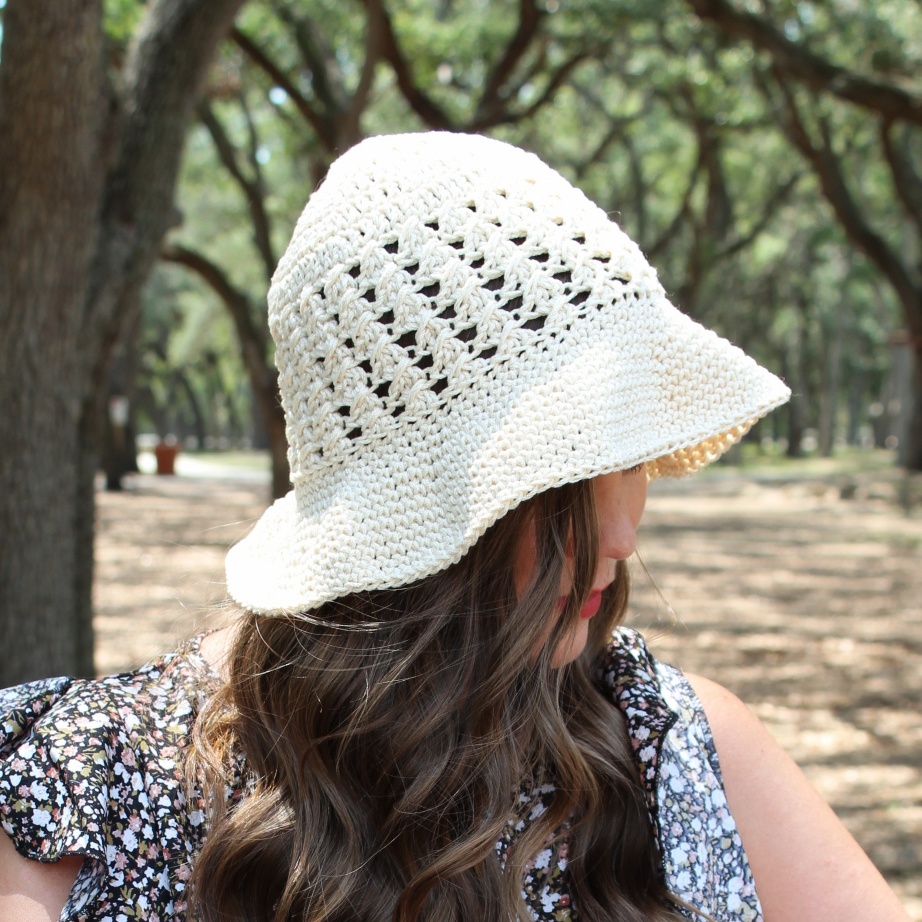 Close up of crochet sun hat, called the Bonnie Bell Sun Hat.