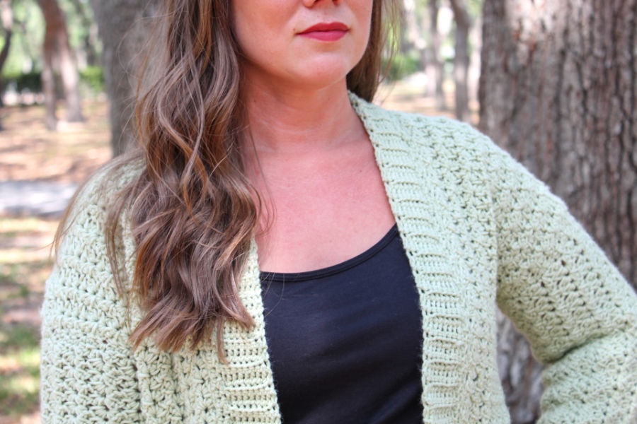 Close up of trim on the Blossoming Sprigs crochet cardigan.