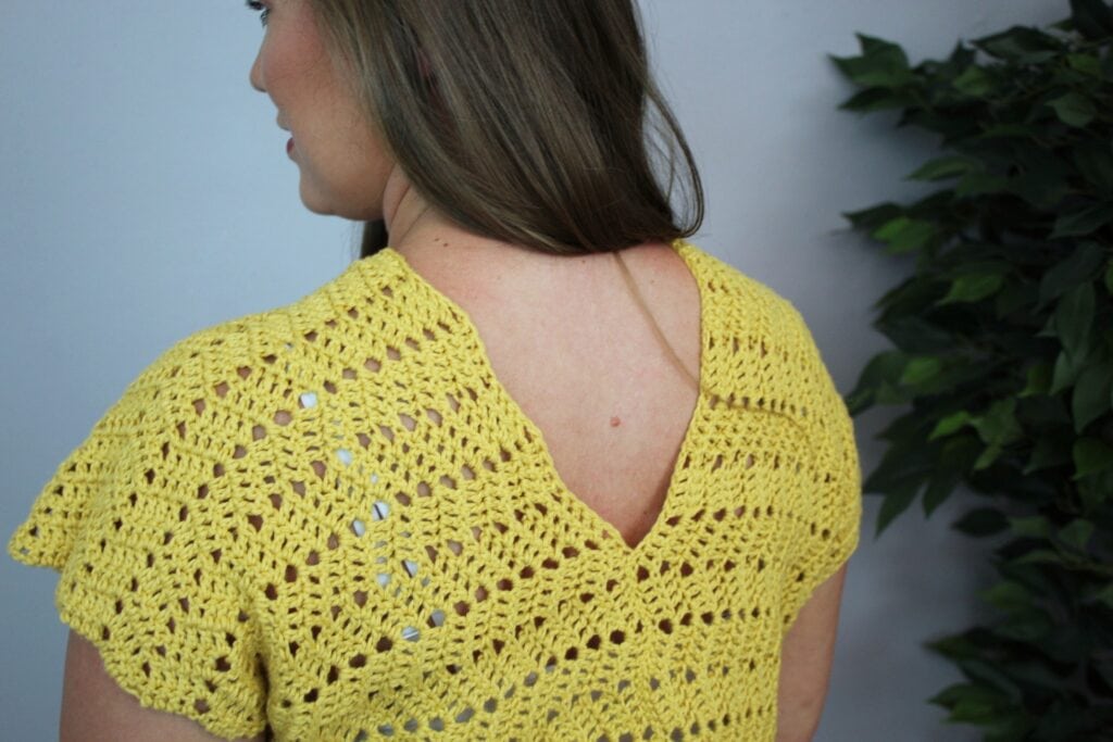 A view of the back of the crochet top called the Chevy Tee.