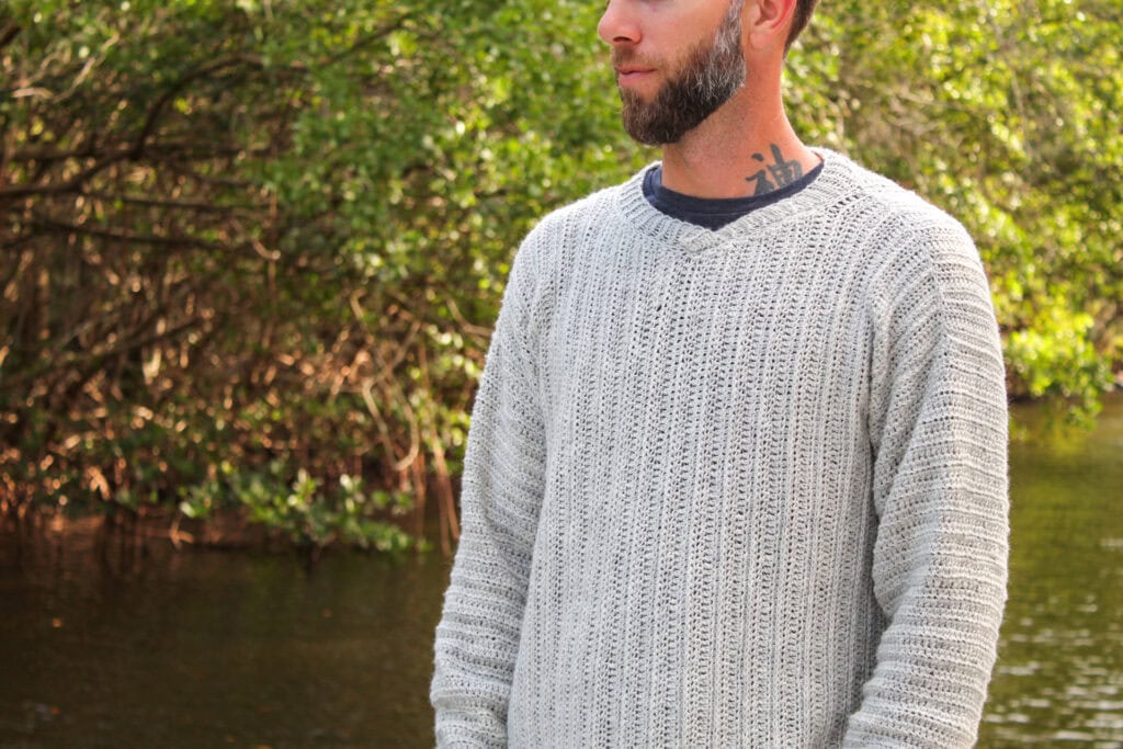 Men's V-neck crochet sweater pattern.
