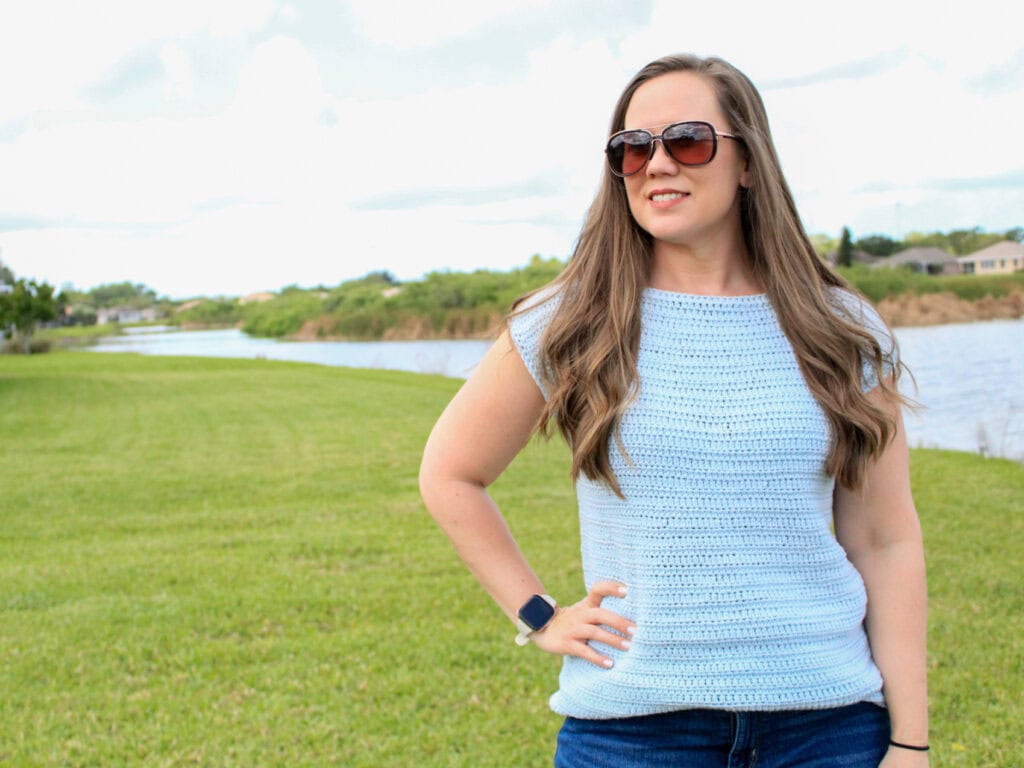 Spring Crochet Top being worn by a woman. 