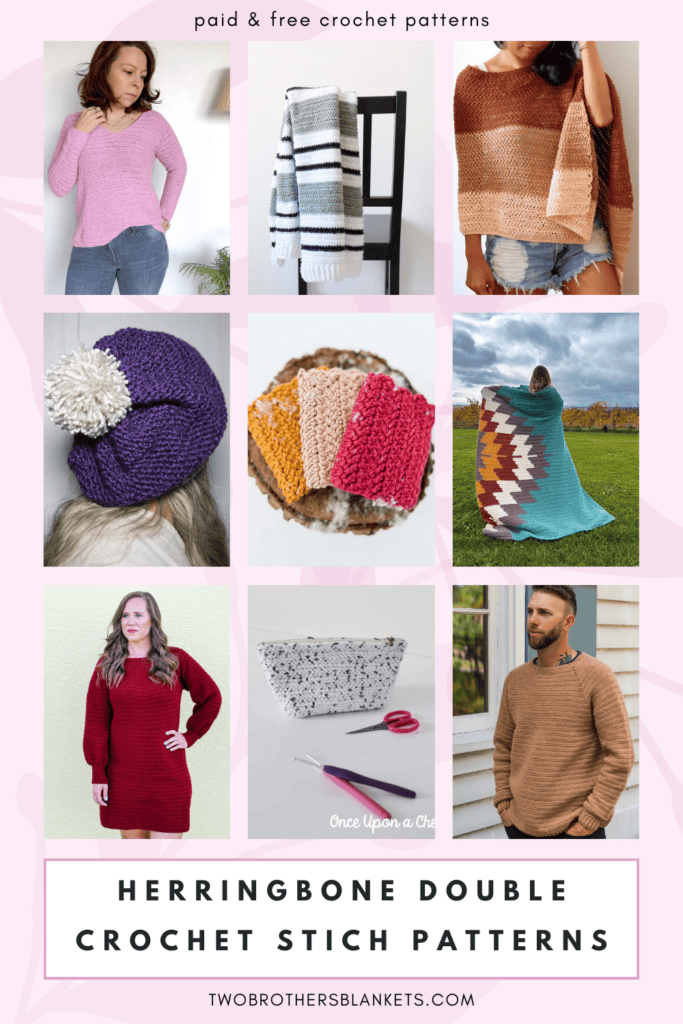 9 different crochet patterns that are using Herringbone Double Crochet Stich , crochet clothing, crochet for home, crochet accessories, crochet garments