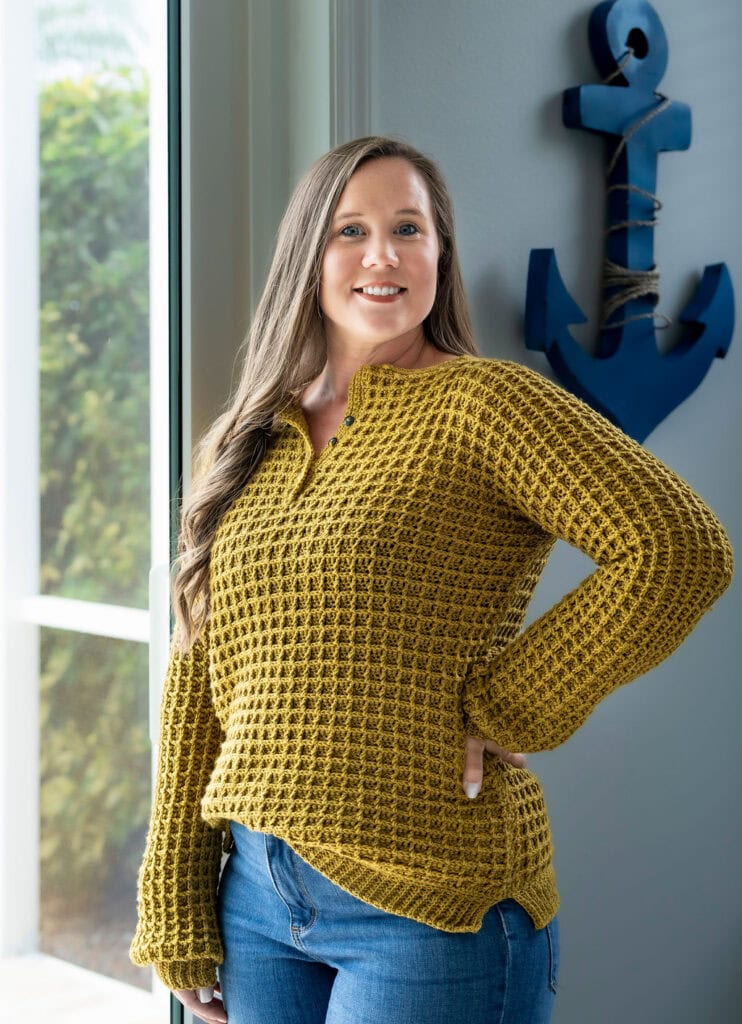 Front view of the Apricity Henley - Crochet Waffle Stitch Sweater Pattern