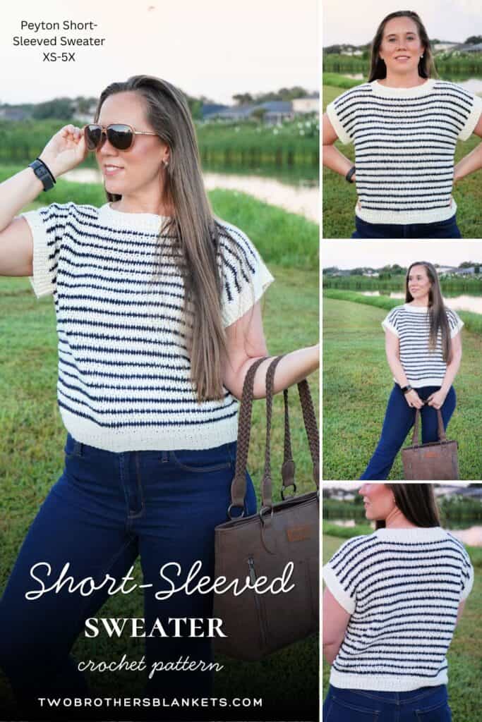 Collage of woman wearing a short-sleeved crochet sweater that is cream with navy stripes.